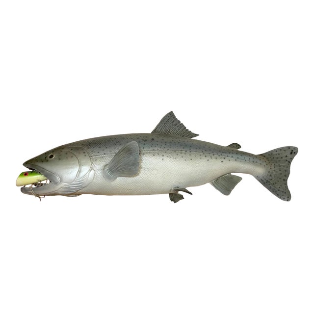 Vintage Handmade Eg Carved Wood Silver Wall Fish Mount Trophy Sculpture For Sale