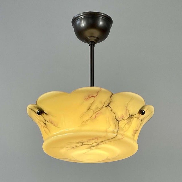 1930s Art Deco Marbled Opaline & Brass Semi Flush Mount, Sweden, 1930s For Sale - Image 5 of 16
