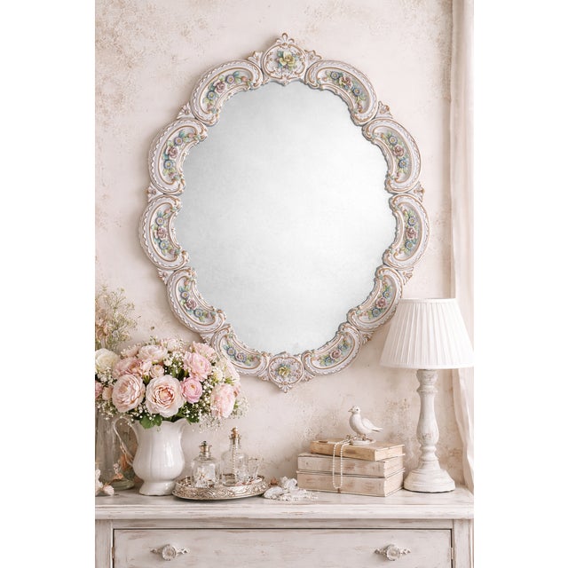 1960s Porcelain Mirror with Polychrome Floral Relief, 1960s For Sale - Image 5 of 6