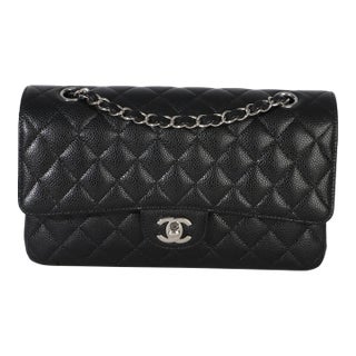 Black Quilted Caviar Medium Classic Double Flap Handbag For Sale