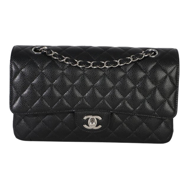Black Quilted Caviar Medium Classic Double Flap Handbag For Sale