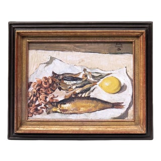 Émile Lecomte, Still Life with Fish, Shrimp & Lemon, 1935, Oil Painting on Canvas, Framed For Sale