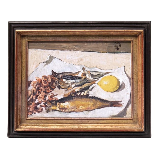Émile Lecomte, Still Life with Fish, Shrimp & Lemon, 1935, Oil Painting on Canvas, Framed For Sale