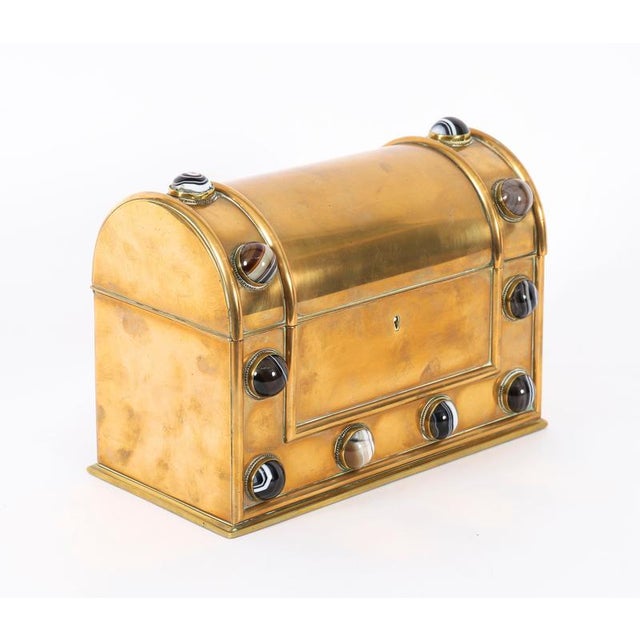 This is a fine antique Victorian brass and agate cabochon inlaid two piece desk set, circa 1860 in date. The set comprises...