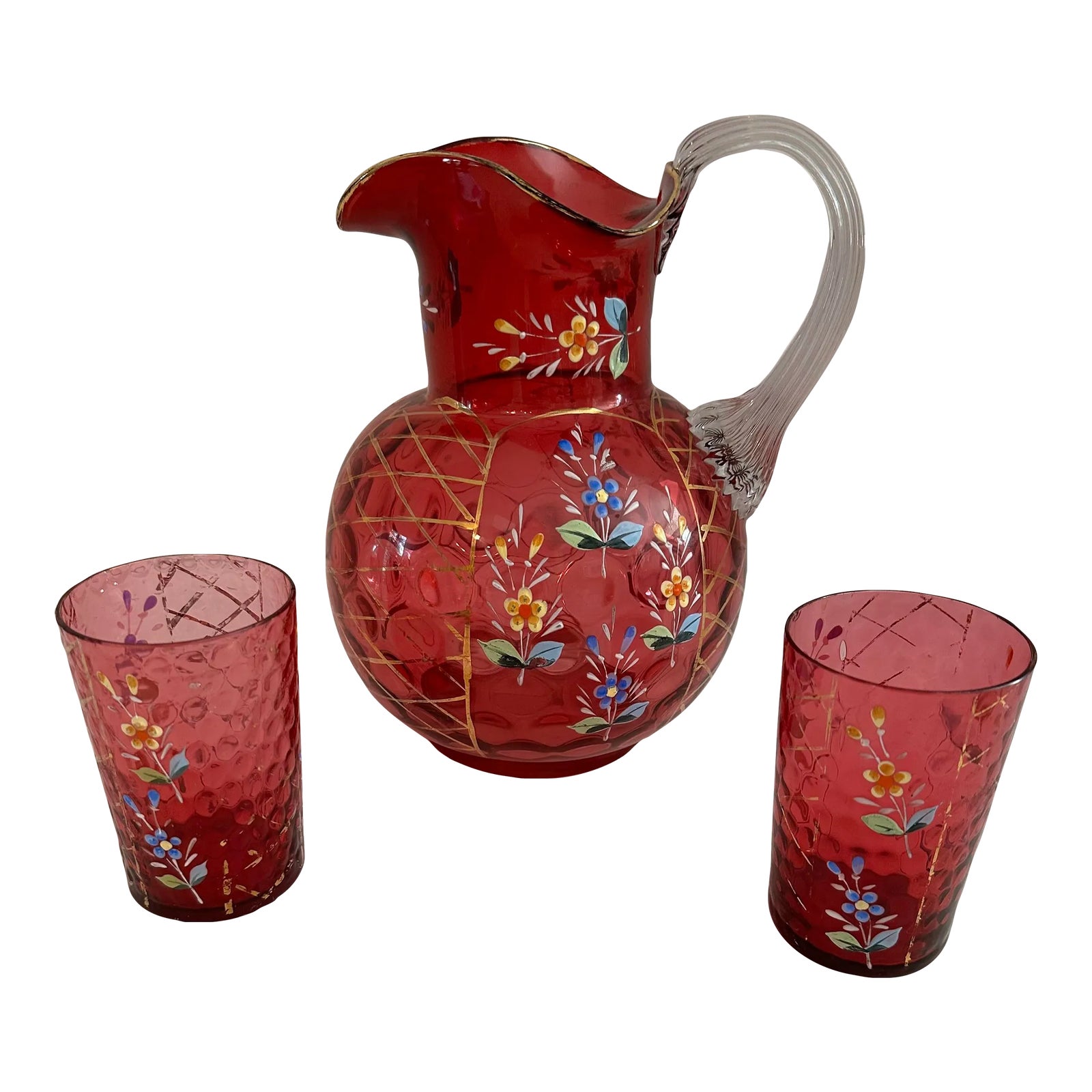 Late 19th Century Victorian Hand Blown Cranberry Glass Pitcher and