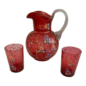 Late 19th Century Victorian Hand Blown Cranberry Glass Pitcher and Glasses - Set of 3