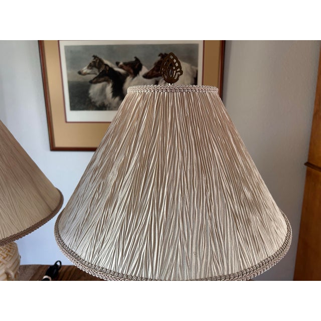 Ivory Vintage Wildwood Accents Ceramic Chinoiserie Basket Weave Lamps- A Pair For Sale - Image 8 of 11