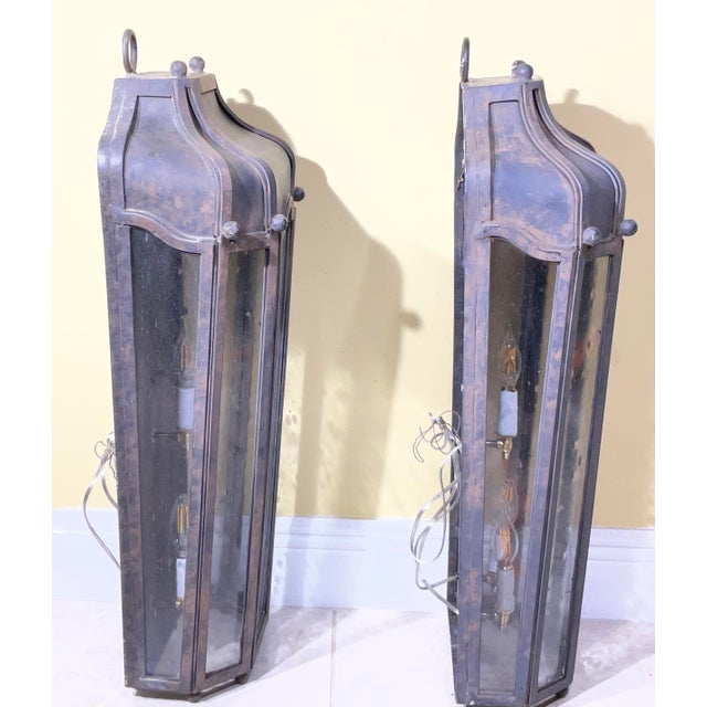 Large Exceptional Pair of Hand-Forged Iron Wall Lanterns Architectural Sconces For Sale - Image 10 of 14