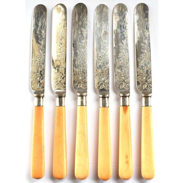 Antique 19thCentury Walker & Hall Bone Handle Engraved Dessert Knives