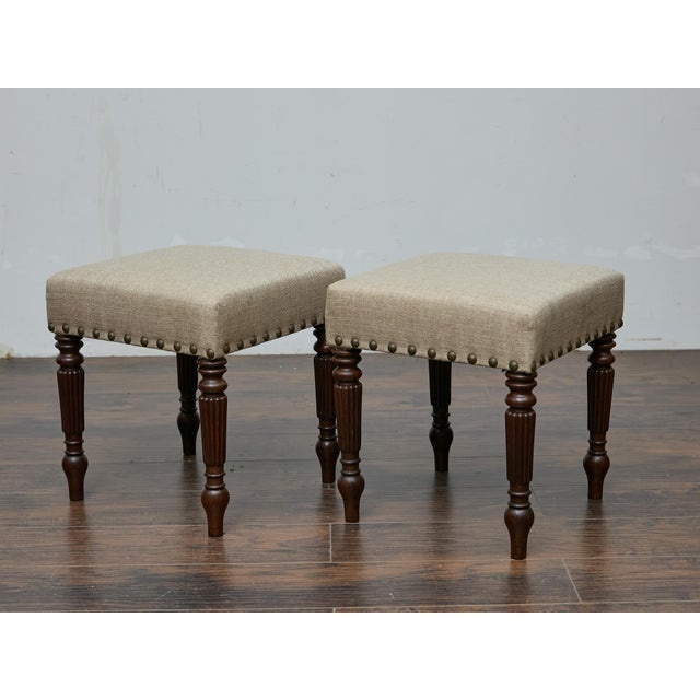 Pair of 19th Century English Oak Stools with Custom Linen Upholstery For Sale - Image 9 of 11
