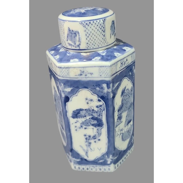 Vintage Asian Chinese Blue & White Hexagon Covered Tea Caddy Jinger Jar For Sale - Image 4 of 7