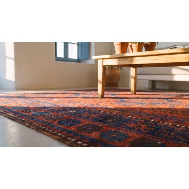 Textile 1930s Red Rust Geometric Tribal Hand Knotted Antique Caucasian Kazak Rug 6' X 7' Wool Carpet For Sale - Image 7 of 9