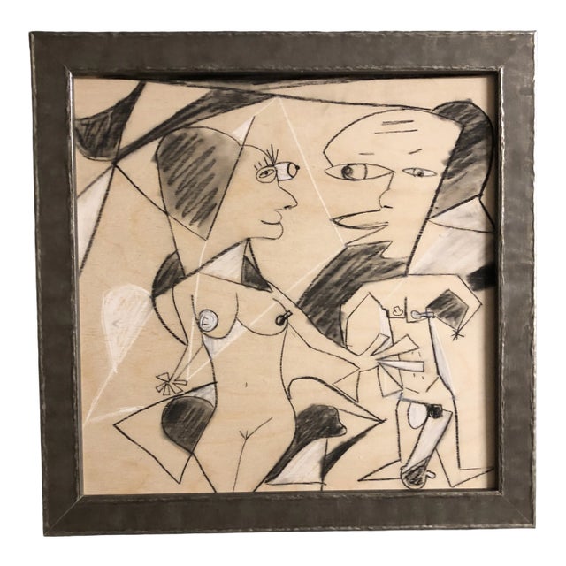Original Contemporary Outsider Artist Charcoal Double Nude Abstract Drawing Framed For Sale