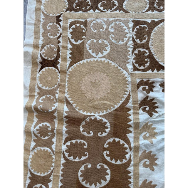 Hand-Embroidered Large Neutral Tan Suzani Coverlet For Sale - Image 4 of 11