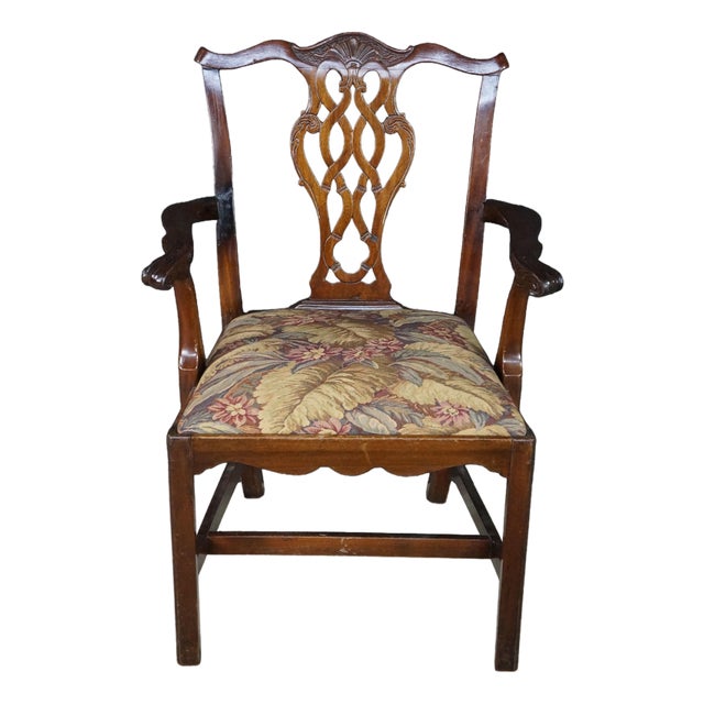 Antique Chippendale Style Interlaced Back Mahogany Armchair Dining Desk Chair For Sale
