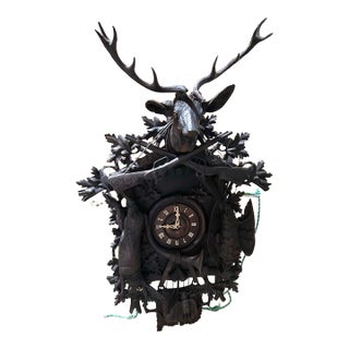 In Style of Black Forest Cuckoo Clock, Xl, Hand Carved, Hunting Themed (Large Buck, Rifles, Rabbit, Pheasants) Sings Quarterly and Hourly (Two Birds) For Sale