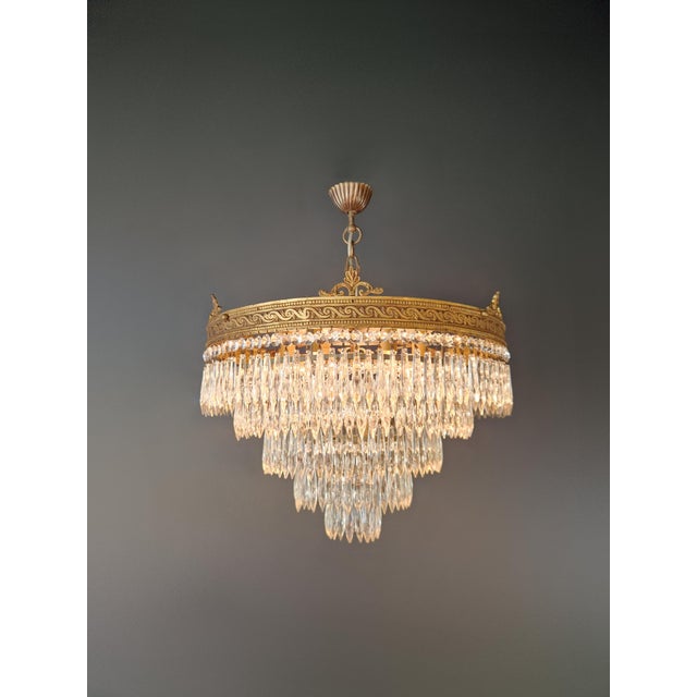 Art Deco Antique Art Deco Neoclassical Brass and Crystal Chandelier Plafonnier Ceiling For Sale - Image 3 of 9