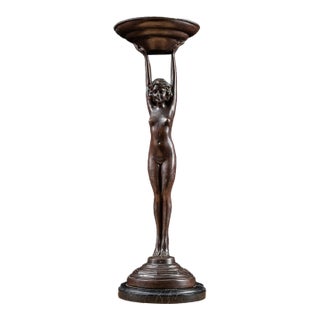 Art Deco Bronzed Spelter Nude Woman Stranding Ashtray | Signed For Sale