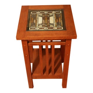 21st Century Frank Lloyd Wright Inspired Solid Wood Accent Table With Stained Glass Inset For Sale