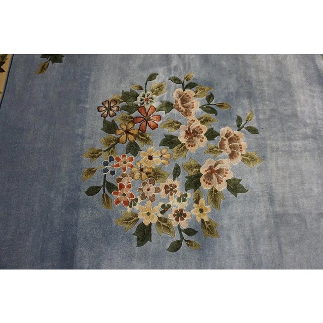 1980s Ligth Blue Floral Vintage Silk Chinese Art Deco Carpet 6'2" X 9' Handknotted Rug For Sale - Image 11 of 12