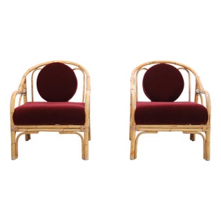 Vintage Bamboo and Rattan Armchairs with Bordeaux Red Mohair, 1960s, Set of 2 For Sale