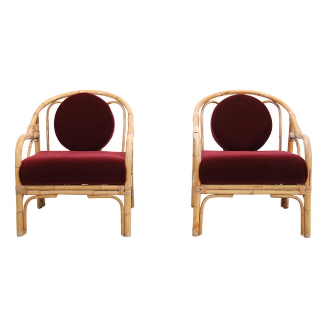 Vintage Bamboo and Rattan Armchairs with Bordeaux Red Mohair, 1960s, Set of 2 For Sale