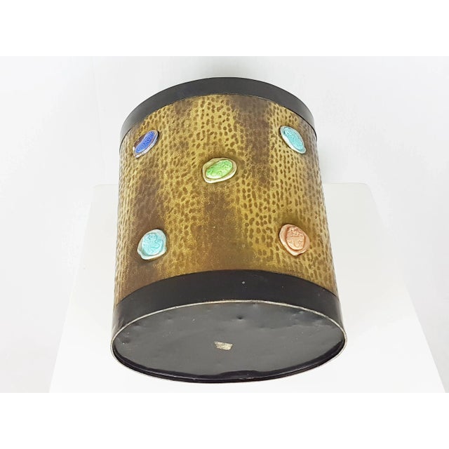 Mid-Century Italian Black Metal Engraved Brass and Ceramic Umbrella Stand, 1950s For Sale - Image 9 of 11