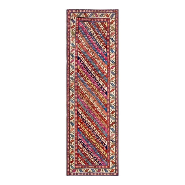 1880s Multicolor Stripe Tribal Antique Caucasian Shirvan Runner Rug 3' 3" X 10' 6" Handknotted Wool Carpet For Sale