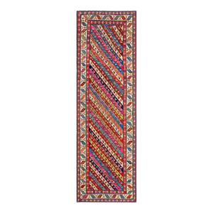 1880s Multicolor Stripe Tribal Antique Caucasian Shirvan Runner Rug 3' 3" X 10' 6" Handknotted Wool Carpet