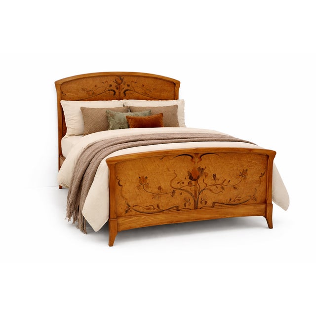 Antique Art Nouveau Bed with Inlaid Marquetry Decorative Floral Design, 1890s For Sale - Image 15 of 16