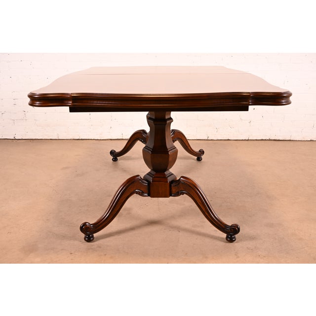 Baker Furniture Style French Regency Walnut and Burl Wood Double Pedestal Extension Dining Table, Newly Refinished For Sale - Image 13 of 14