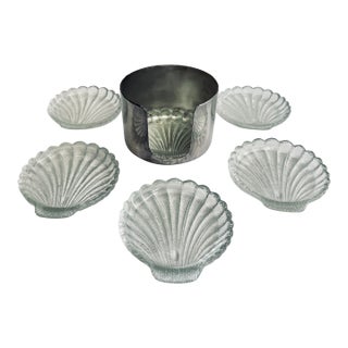 Mid 20th Century Pressed Glass Seashell Coaster Set- 7 Pieces For Sale