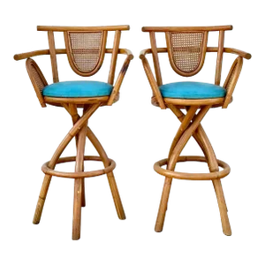 Vintage Coastal Bent Rattan Bar Stools- Set of 2