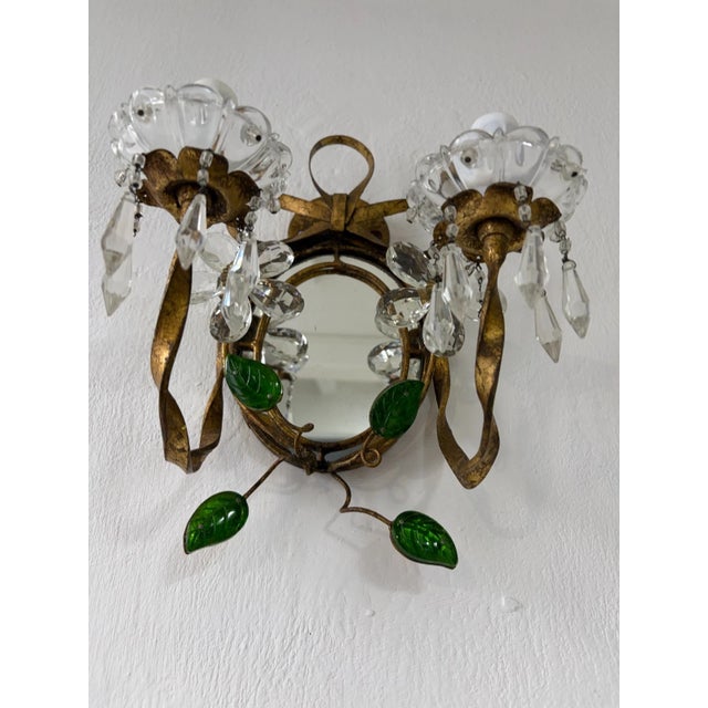 Glass French Maison Baguès Green Colored Leaves Floral Crystal Prisms Bows Sconces For Sale - Image 7 of 9