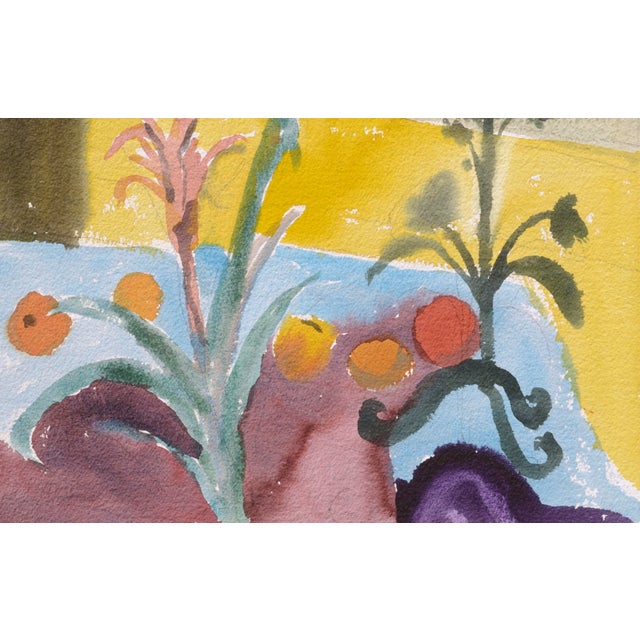 Colorful watercolor still life with plant, fruit and a red candle by Les (Leslie Luverne) Anderson (American, 1928-2009)....