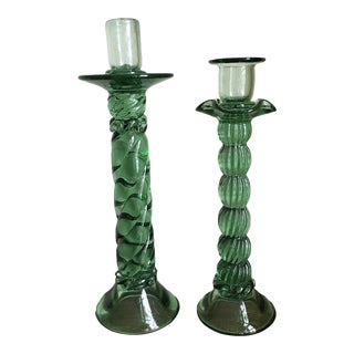 Vintage Large Handblown Art Glass Green Ribbed & Ruffled Graduated Column Candle Holders- a Pair For Sale