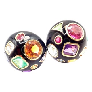 1990s Verdura Fulco Color Stone Black Enamel Yellow Gold Earrings, Pair For Sale