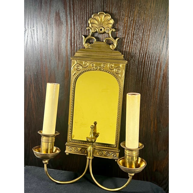 Traditional Vintage Brass Double Arm Hardwired Wall Sconce With Mirror For Sale - Image 3 of 9