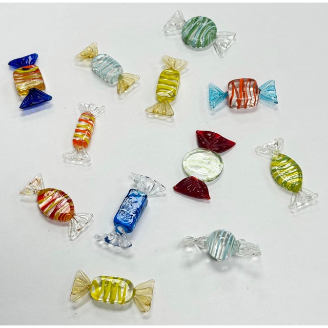 Vintage set of twelve (12) colorful Murano style blown glass wrap candies in a rich variety of shapes and colors. Age...
