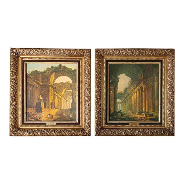 Vintage Old World Architectural Ruins Prints After Hubert Robert in Ornate Gilt Frames, Pair For Sale