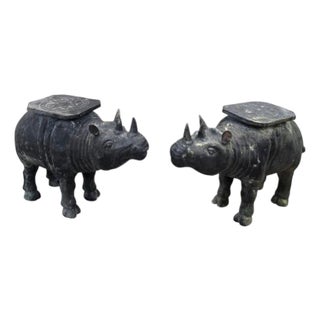 Antique Balinese Hammered Bronze Saddled Rhino Plant Stand/Cocktail Table - Set of 2 For Sale