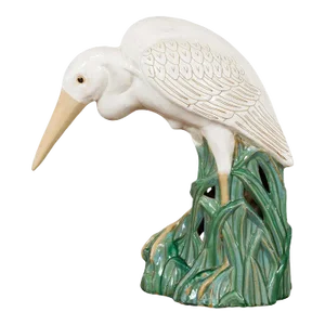 Vintage Lifesize Chinese White & Cream Glazed Ceramic Heron Bird Sculpture