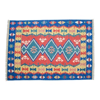Vintage Turkish Rug Hand-Woven Kilim Rug - 3'10" X 5'6" For Sale