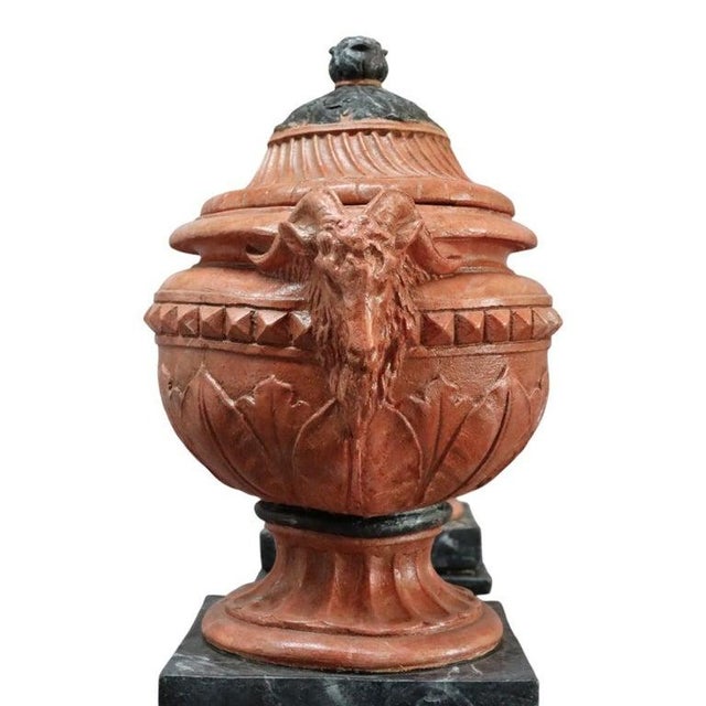Pair Neoclassical Figural & Foliate Terra Cotta Garden Urns & Pedestals For Sale - Image 11 of 12