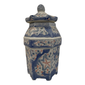 Vintage Chinoiserie Chinese Blue and White Hand Painted Hexagon Lidded Ginger Jar