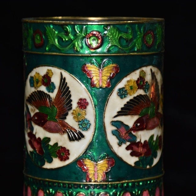 Asian 1960s Enamel Brush Pot With Bird and Flower Motif For Sale - Image 3 of 9