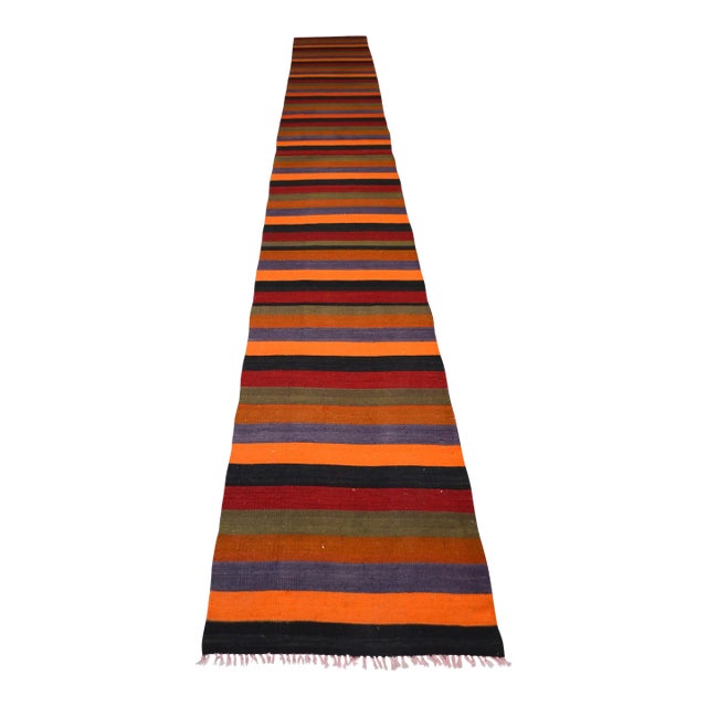 1970s Flat Weave Runner Rug Turkish Kilim Stair Tread - 2′4″ × 18′10″ For Sale