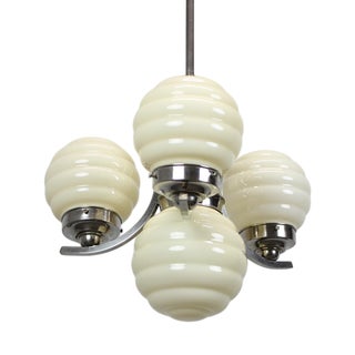 Vintage Art Deco Chrome Chandelier with Champagne Ribbed Glass Globes, 1930s For Sale