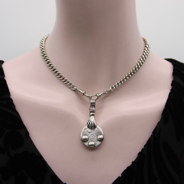 Metal Sterling Silver Vintage Berber Coin Pendant With Hand From Morocco For Sale - Image 7 of 8