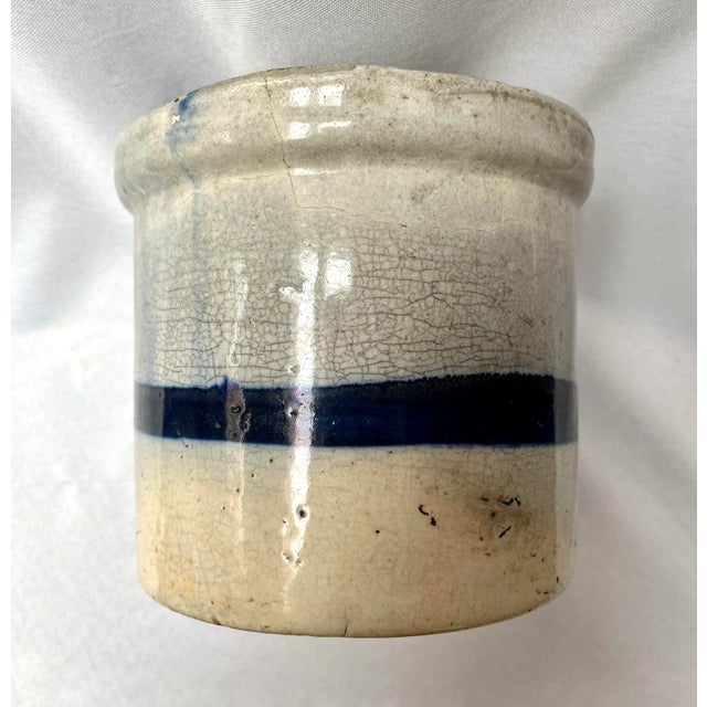 Vintage Blue Stripe Stoneware Crock/Salt For Sale - Image 9 of 11